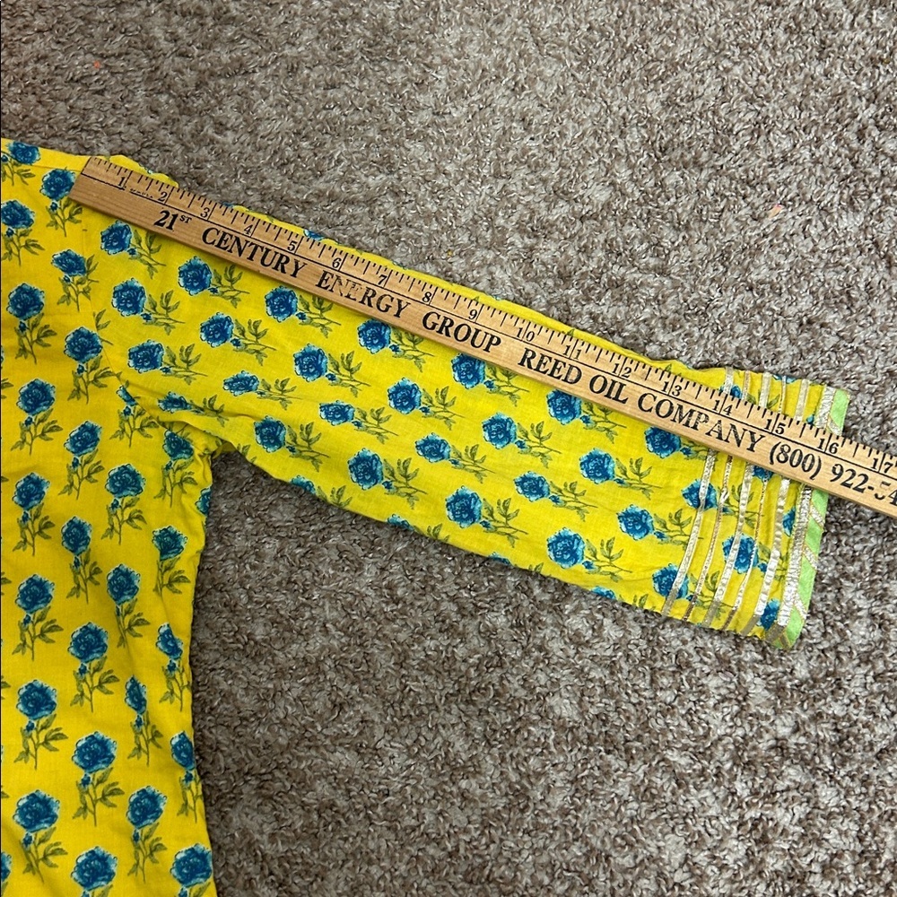Biba Yellow Blue Floral Long Sleeve Dress Long Silt 34 Tassel‎ - Picture 11 of 14